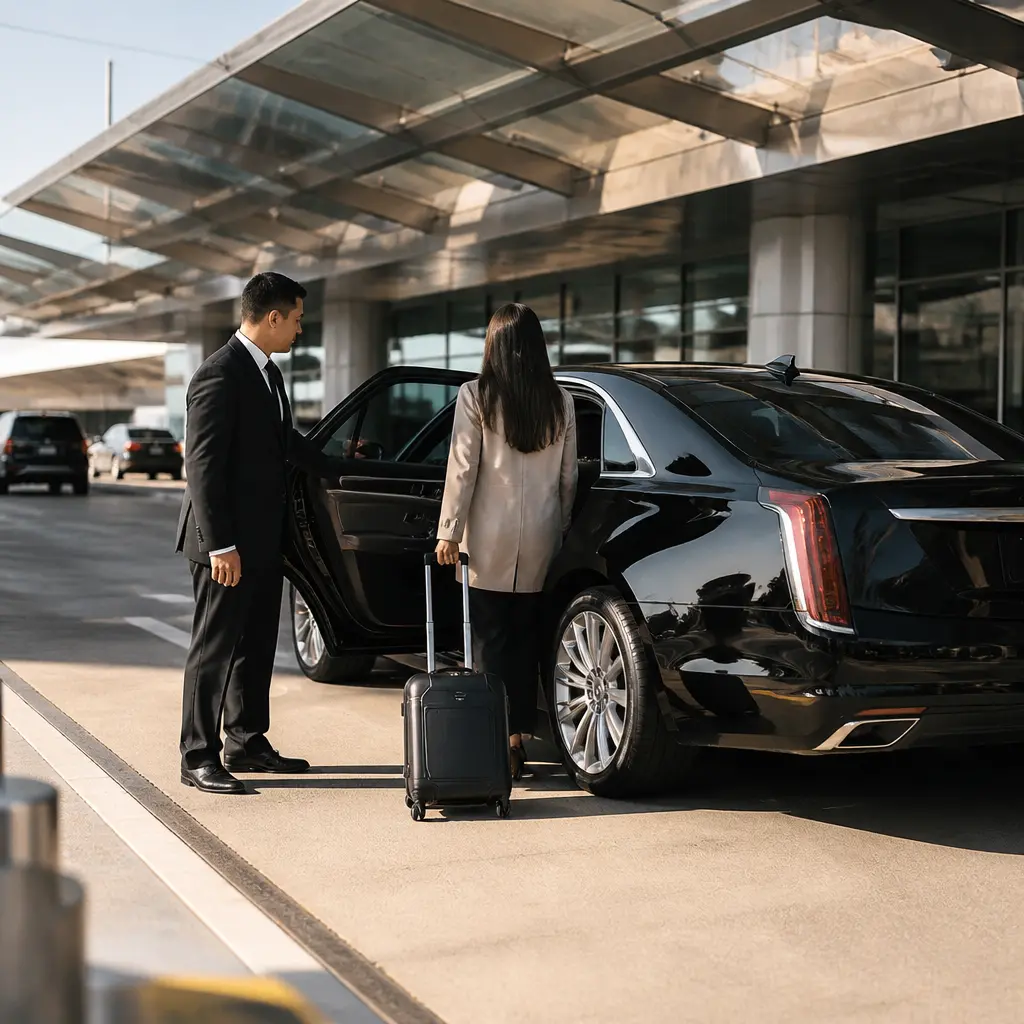 Airport car service pickup with a private sedan and luggage
