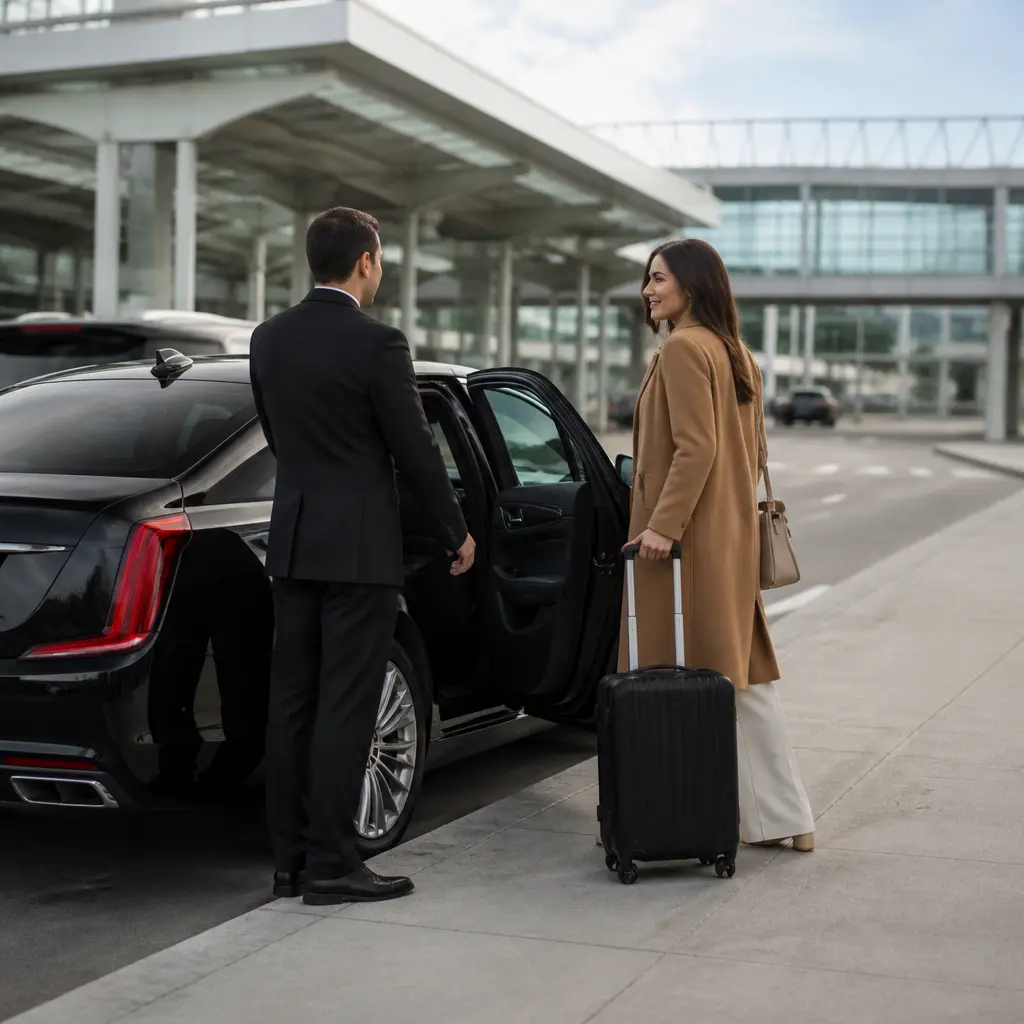 Chauffeur assisting a traveler with airport car service near JFK Airport