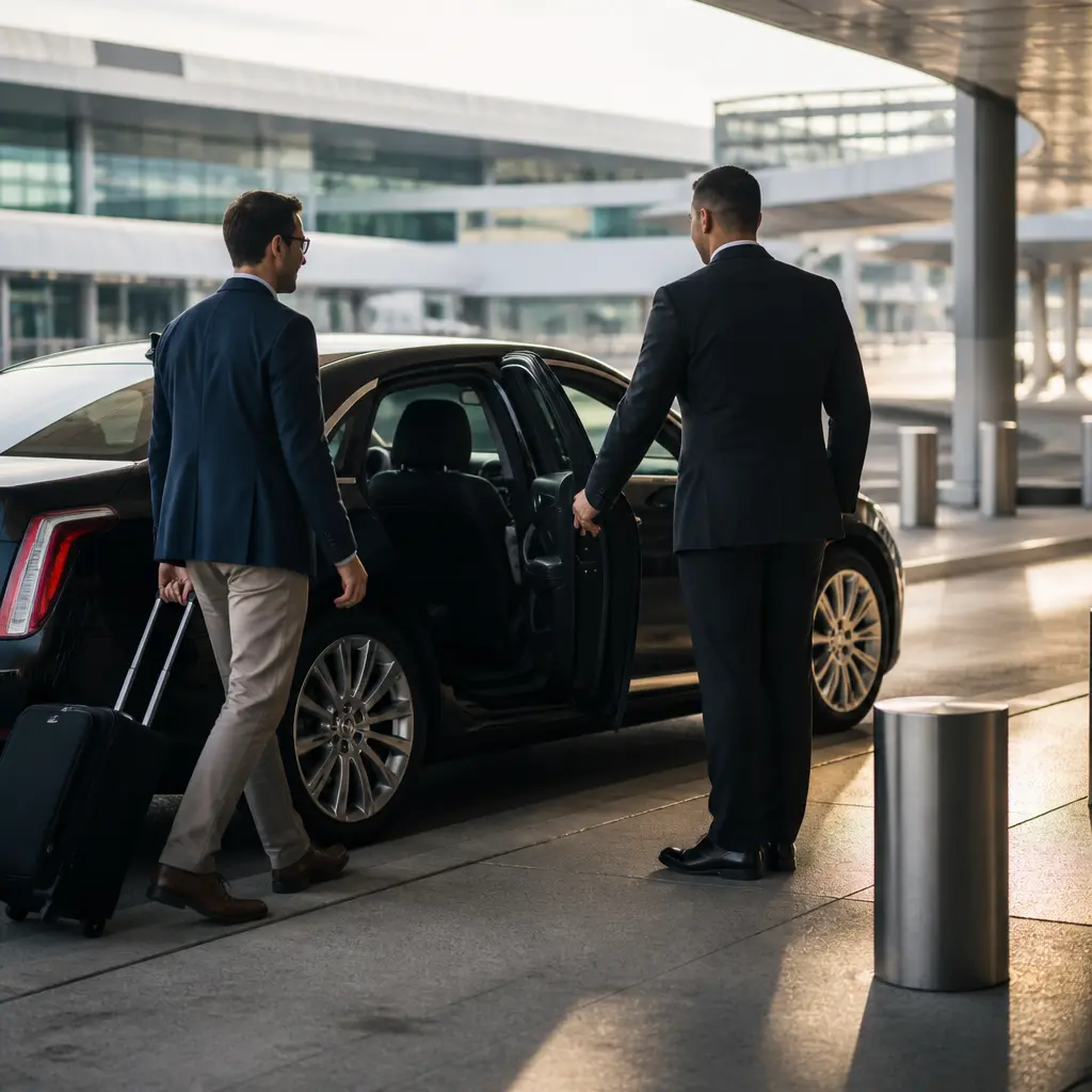 Chauffeur assisting a traveler beside a luxury sedan for airport transportation