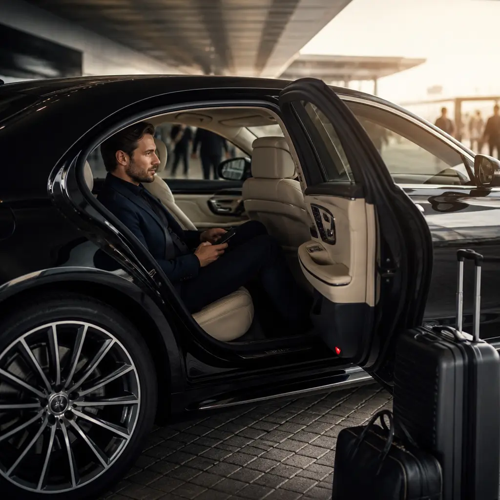 Private sedan prepared for an airport traveler with luggage