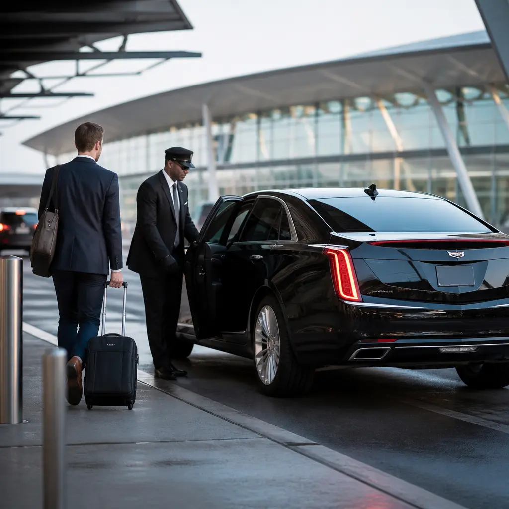 Traveler using a private airport car service near an airport terminal
