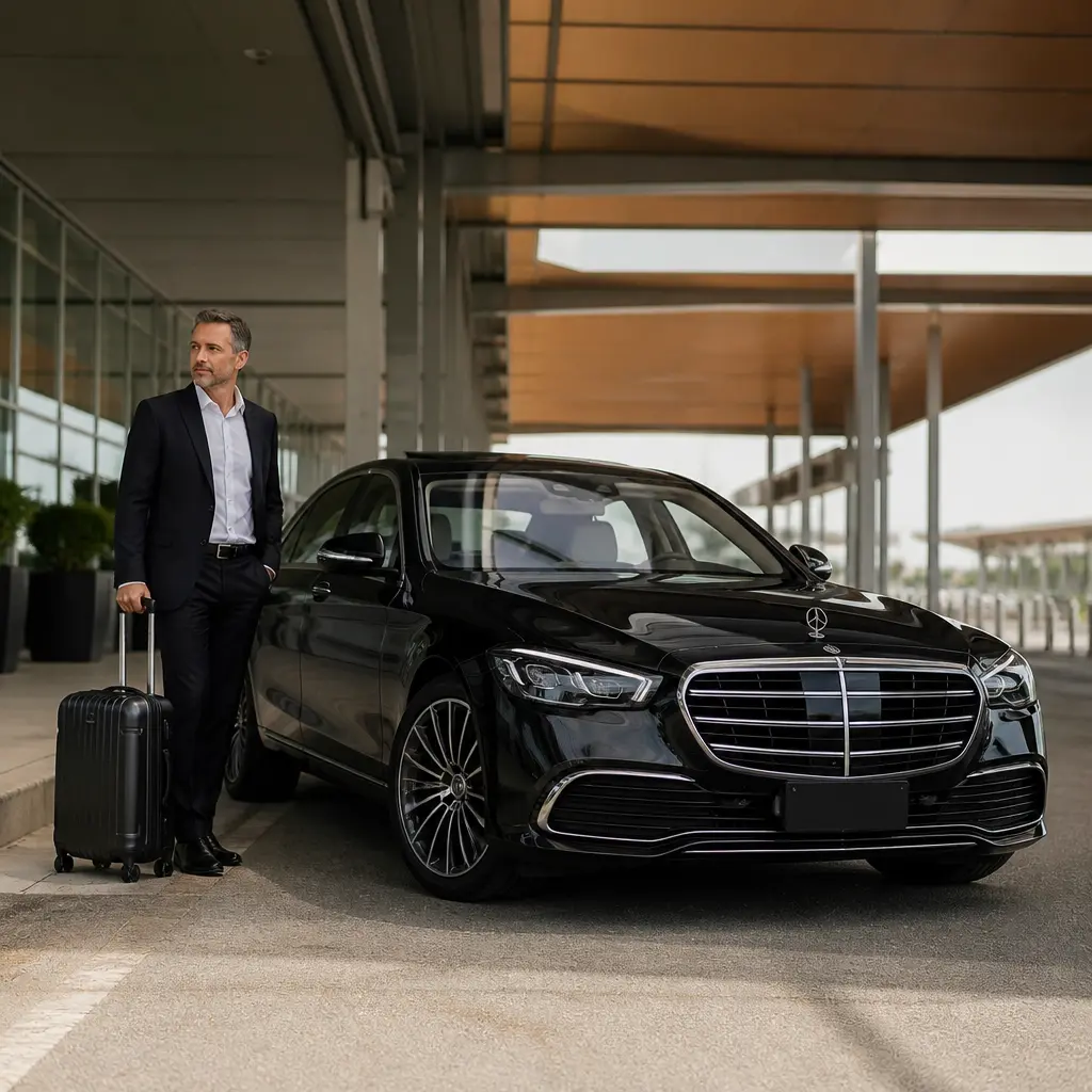 Business traveler beside a professional airport car service vehicle near PHX
